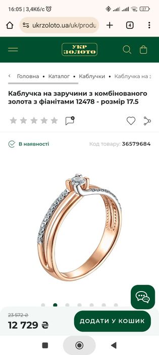 Золота каблучка розмір 17,5