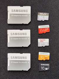 5 kart pamięci microSD 2x16gb i 3x64gb Samsung, SanDisk, PNY