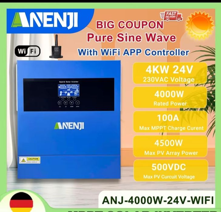 Гібридний інвертор Anenji ANJ 4000W 24V WIFI 230V сонячні панелі