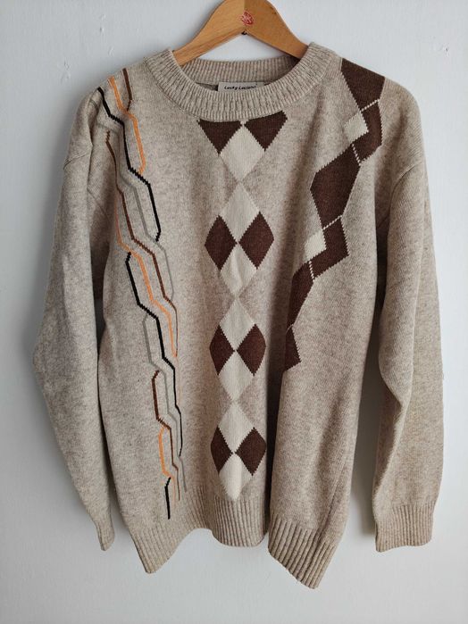 Sweter męski wełniany beżowy brązowy ciepły miękki wool retro vintage