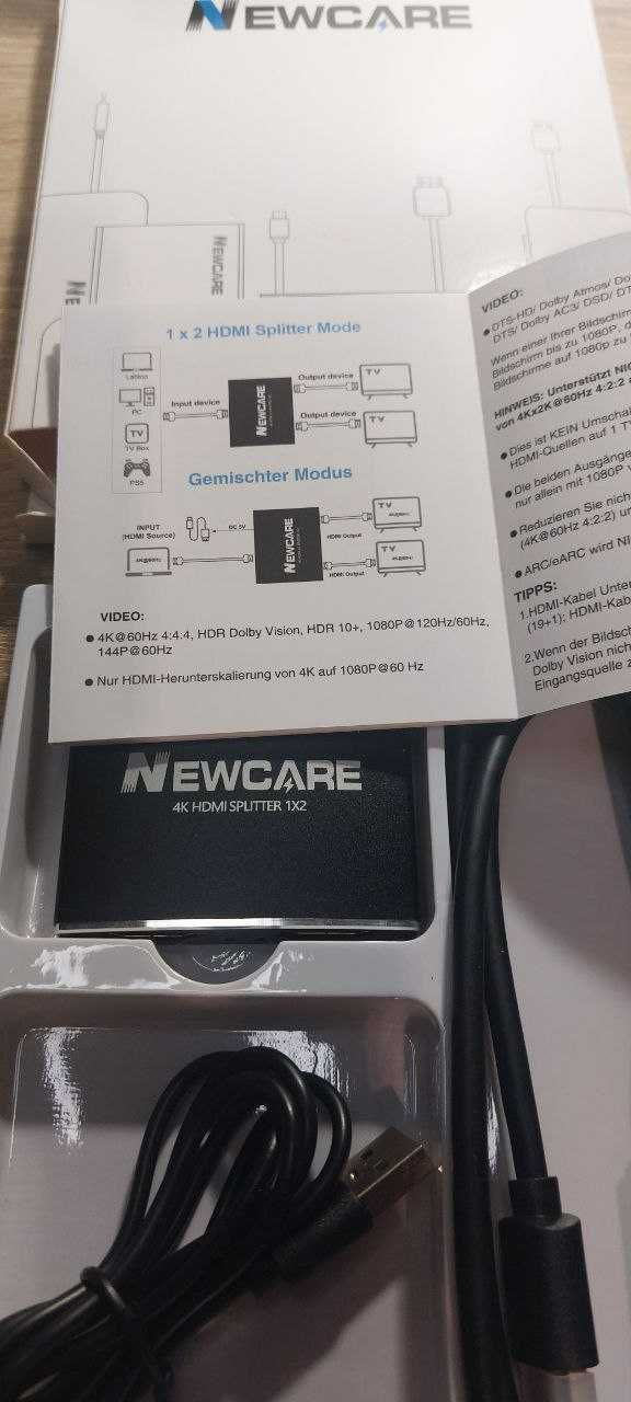 Rozdzielacz  4K 60 Hz HDMI2.0b , rozdzielacz NEWCARE HDMI 1 w 2 Out