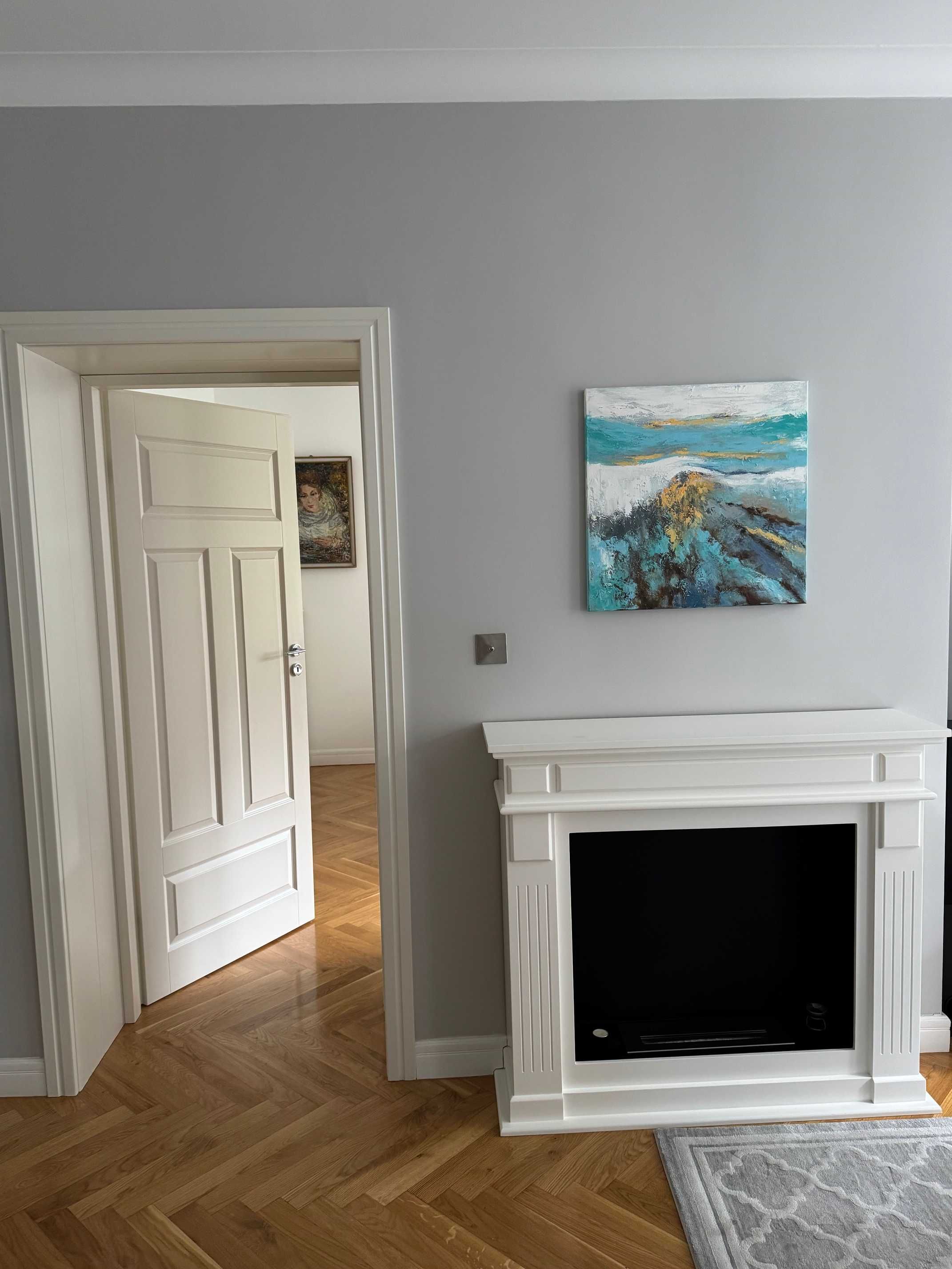 Abstrakcyjny Obraz olejny ręcznie malowany 60x60cm turkus i zółty