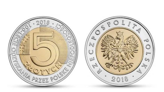 Dwie monety 5 zł 100lecie odzyskania przez Polskę Niepodległości