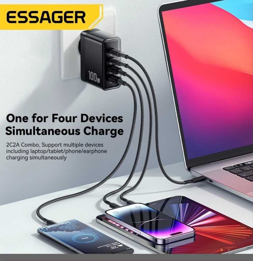 Зарядний пристрій Essager GaN 100вт Супершвидка зарядка смартфонів