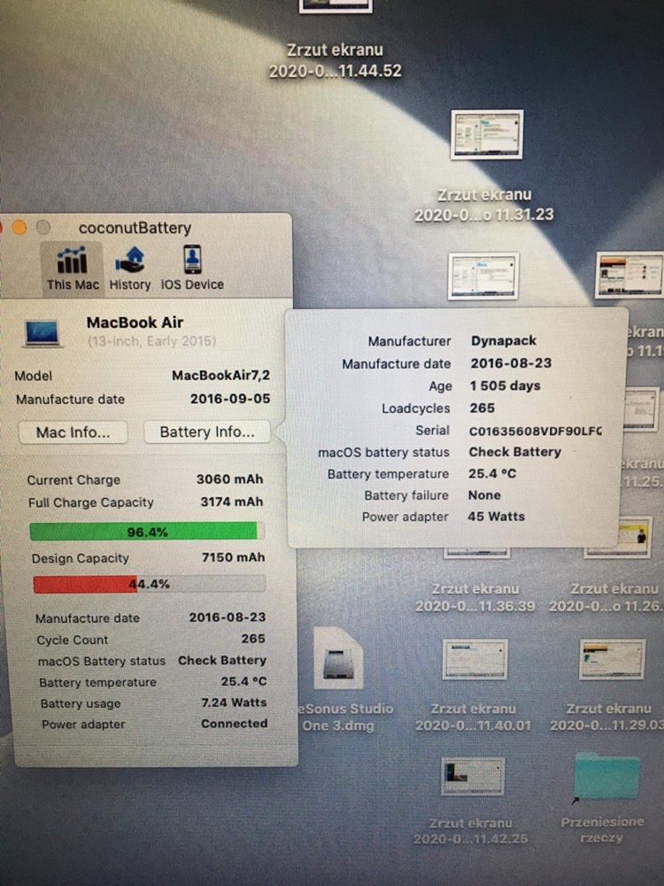 MacBook Air 13” bateria A1496 oryginalna używana pasuje do A1377 A1405