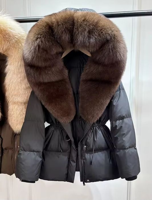 Płaszcz damski ocieplany kurtka z kapturem futro naturalne lis rozmiar