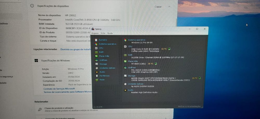 Pç HP Pro 290G2 8ªG|i3.8100-3.6G|16G|NVMe256+HDD500|Wifi+BT|HDMI|W11