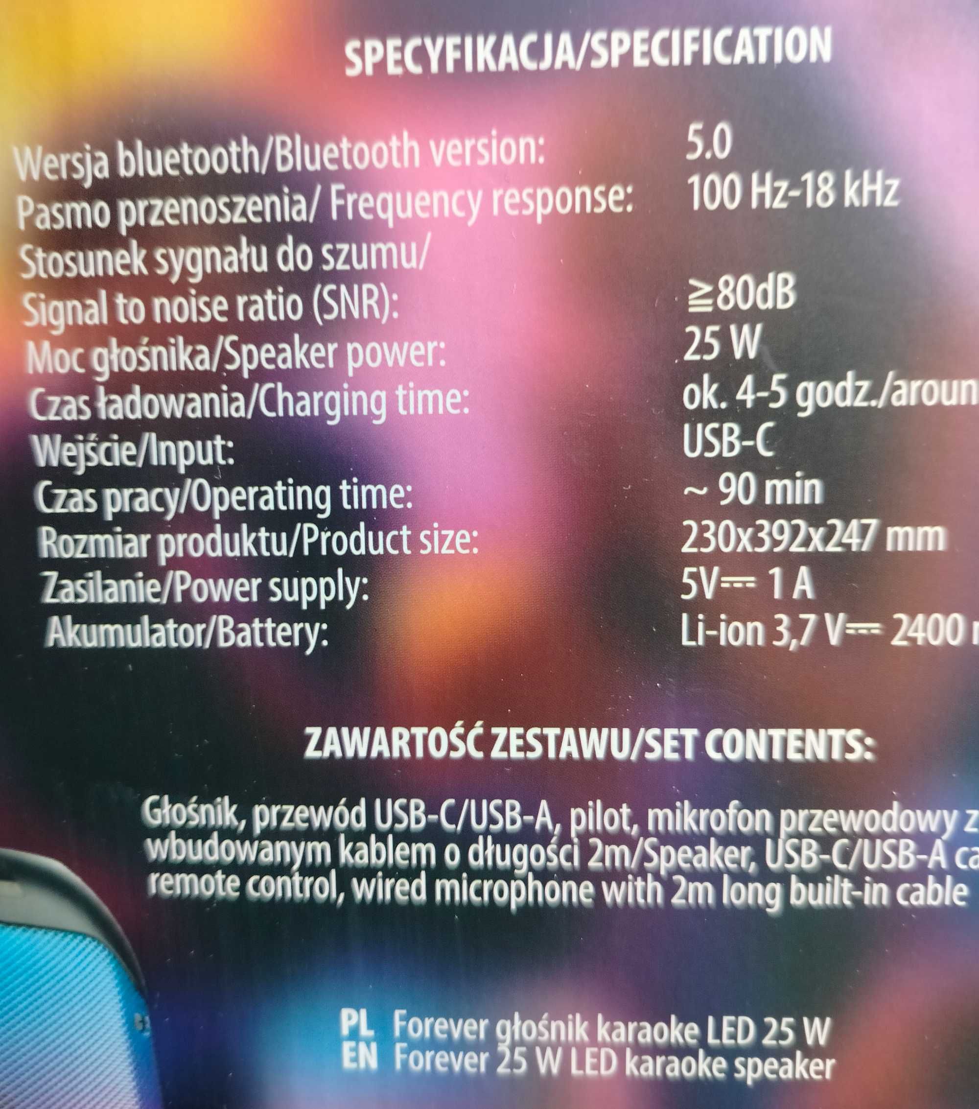 Głośnik karaoke multikolor 25W Forever gniazdo kart SIM
