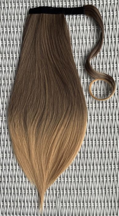 Premium Ultra włosy doczepiane, szatyn / blond / ombre, kucyk