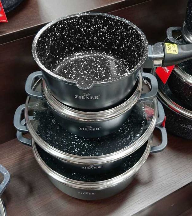 GARNKI MARMUROWE ZILNER MARBLE 7 EL. Komplet Garnków Czarnych Zestaw