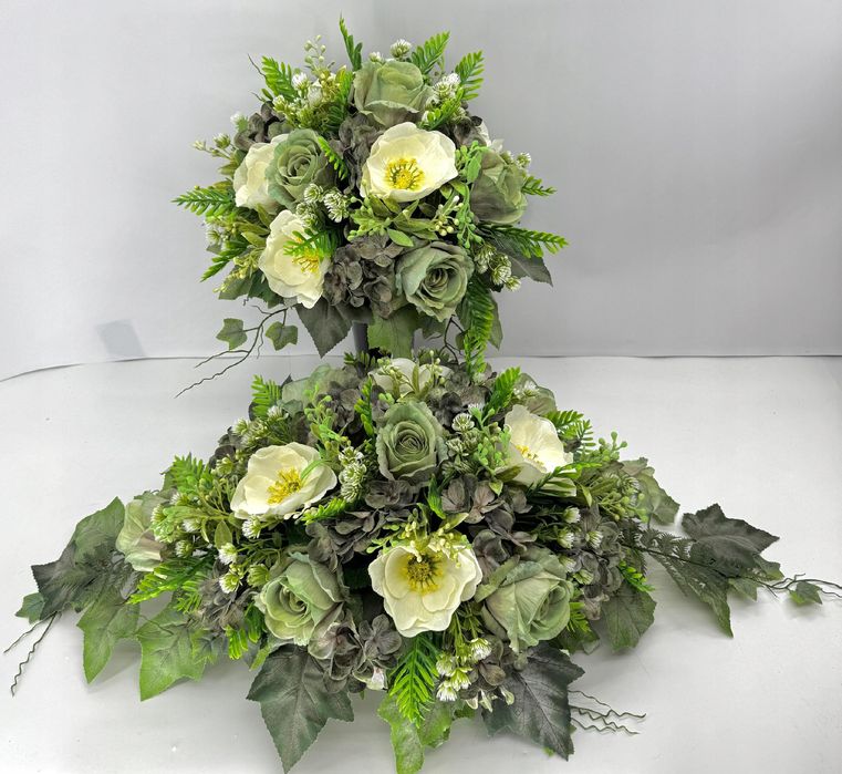 Komplet na grób stroik i bukiet zielono kremowy dekoracja cmentarna