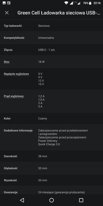 Ładowarka Green Cell  sieciowa USB-C 18W PD super szybka