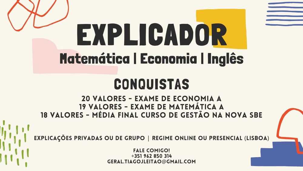 Explicações de Matemática, Economia A e Inglês – 5.º ao 12.º ano