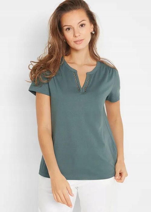 B.P.C t-shirt khaki ze wstawką z koronki 40/42.