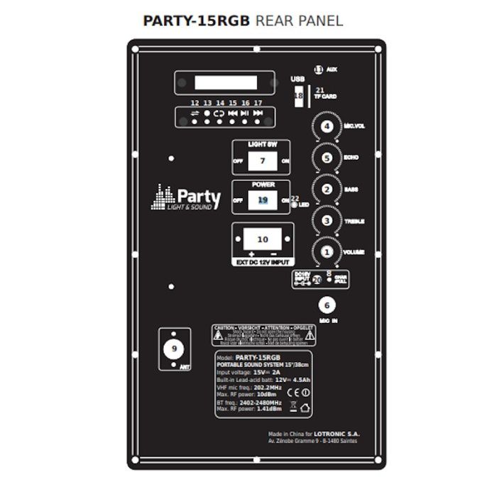 Coluna Amplificada 15" USB/FM/BT/SD/BAT VHF Preta 800W PARTY