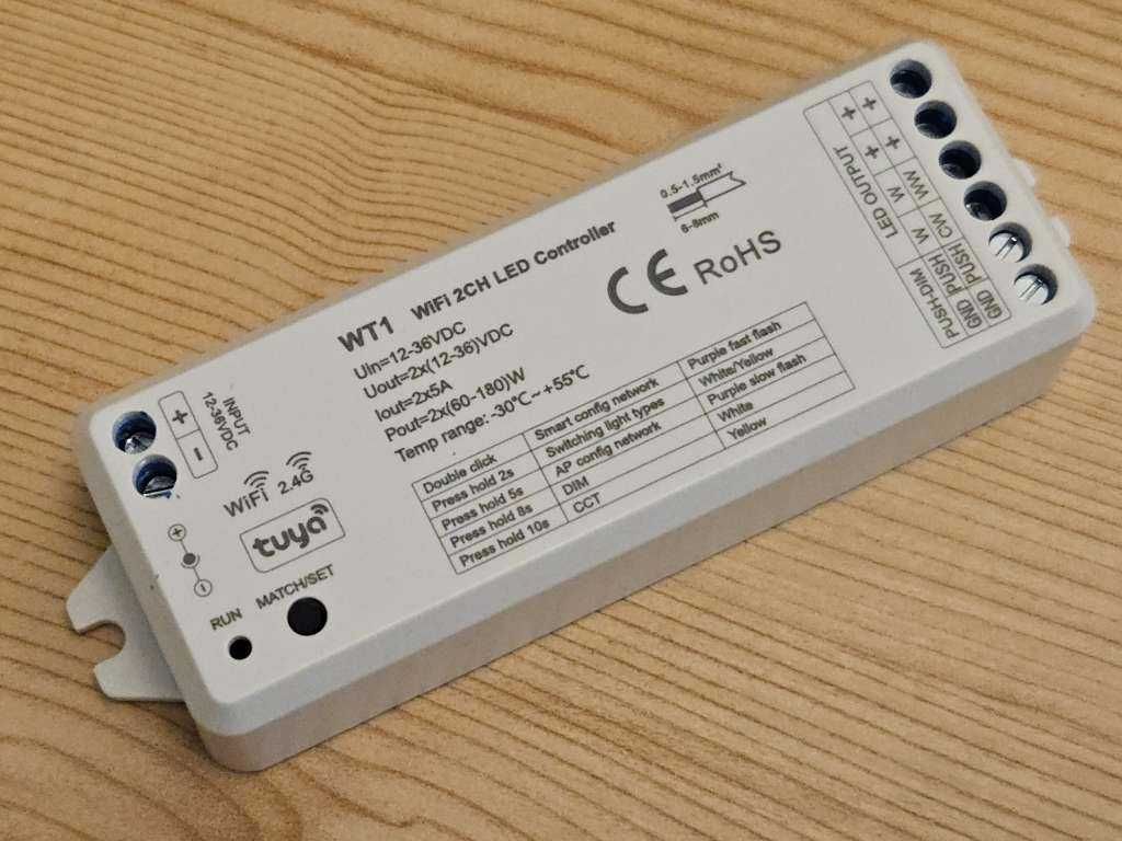 WT1 LED 2 kanałowy kontroler WiFi CCT 12-36V DC 10A Alexa Tuya 2.4GHz