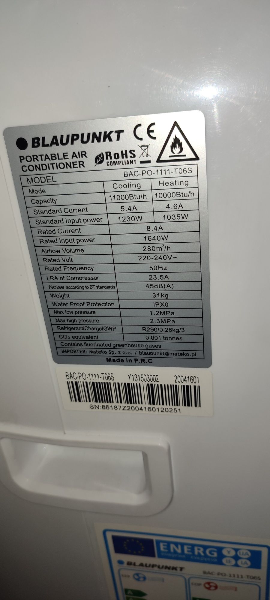 Blaupunkt Moby Blue S 1111T 3,2KW klimatyzator przenośny.