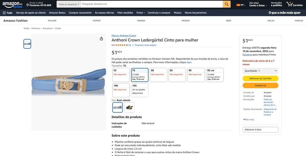 Anthoni Crown Cinto azul para mulher Tam 85 (244)