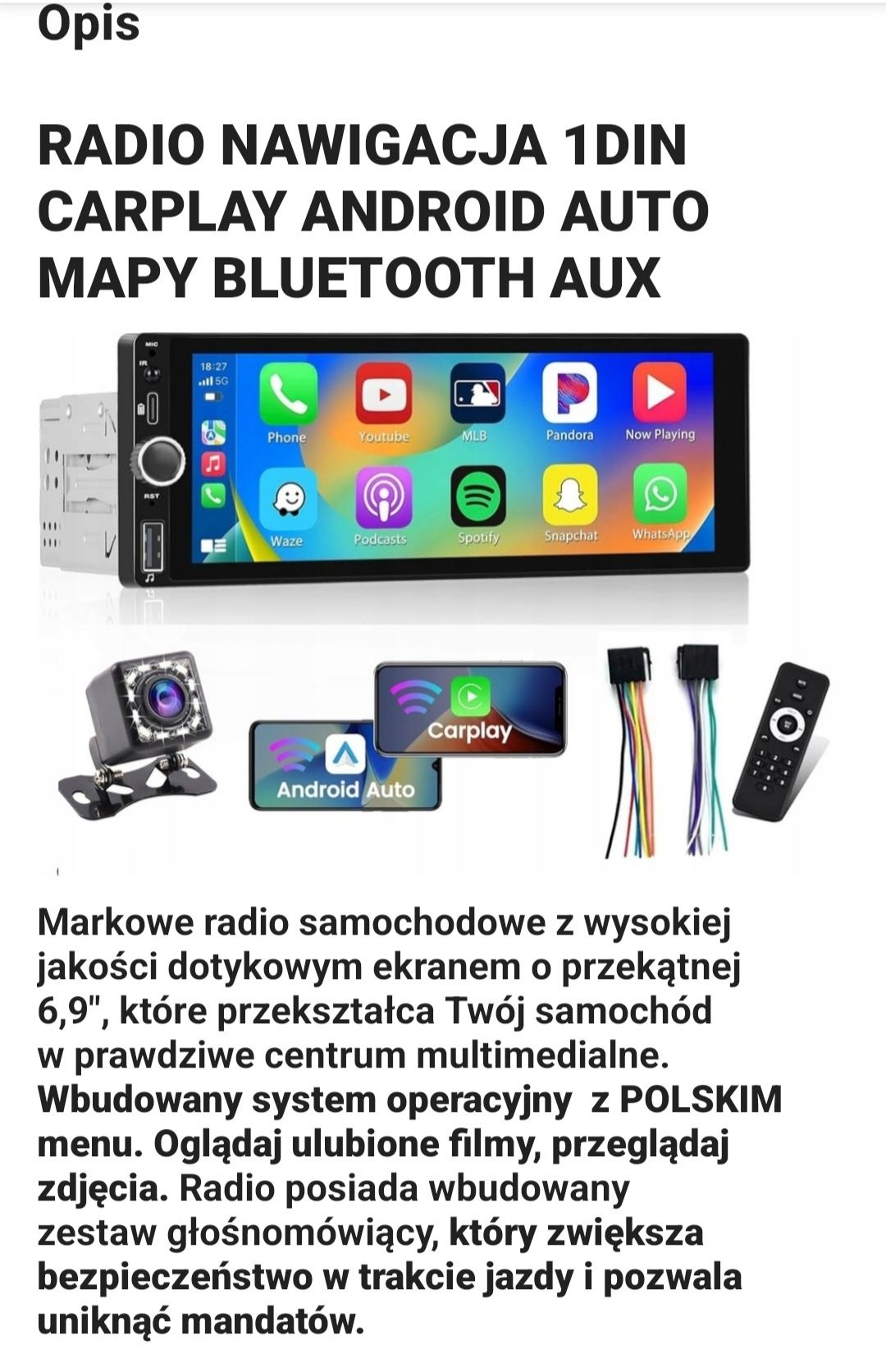 Radio Nawigacja 6,9"WP-6097, 1DIN,Carplay,Android Auto,MAPY,Bluetooth,