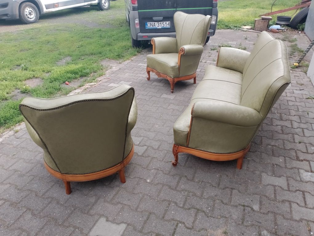Stylowy wypoczynek ludwik 3+1+1 w dębowym stelażu