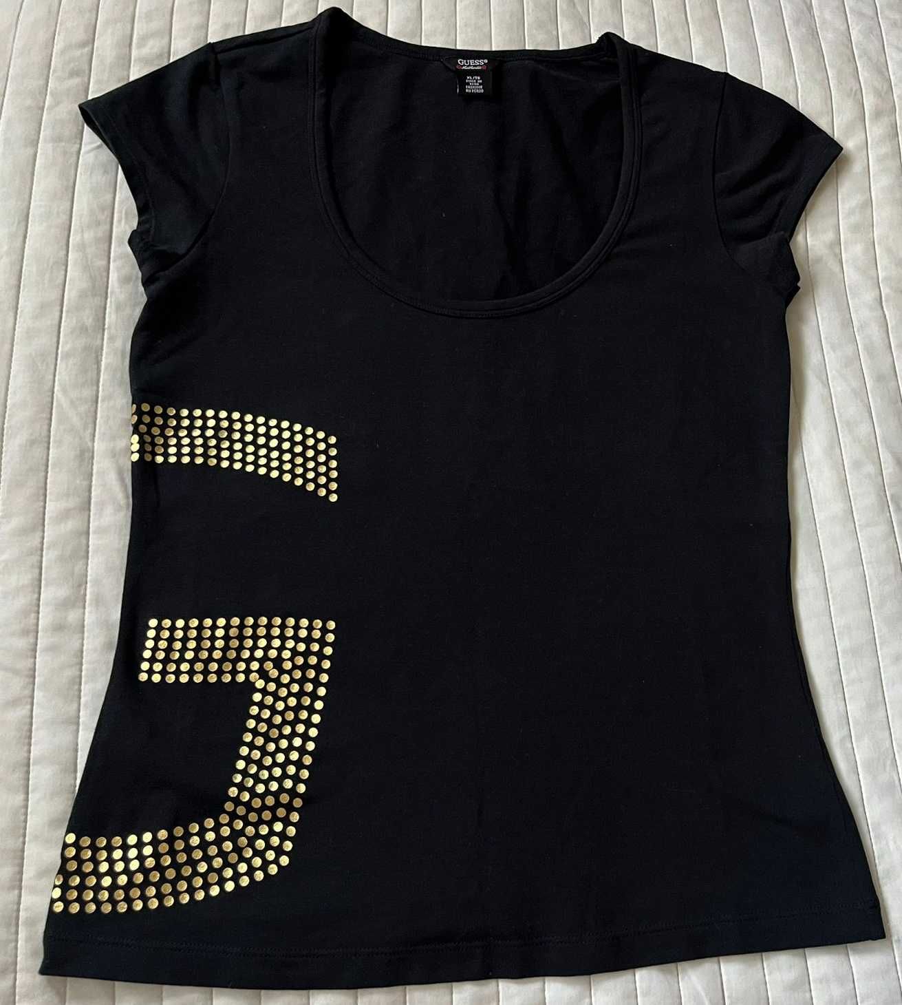 Guess bluzka czarna roz XL 42 14 bluzka z krótkim rękawem złoty napis