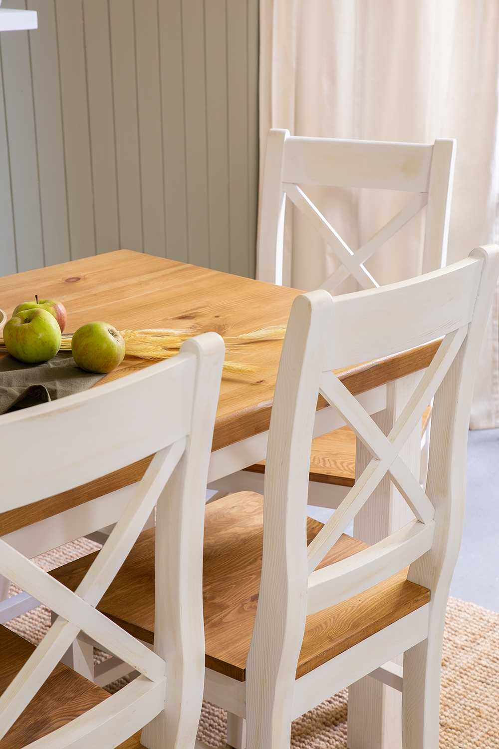 Drewniany biały komplet stół i 6 krzeseł do jadalni, zestaw rustykalny