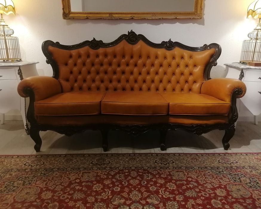 Antigo clássico sofá canapé pele couro, Luís XV. Capitoné Chesterfield