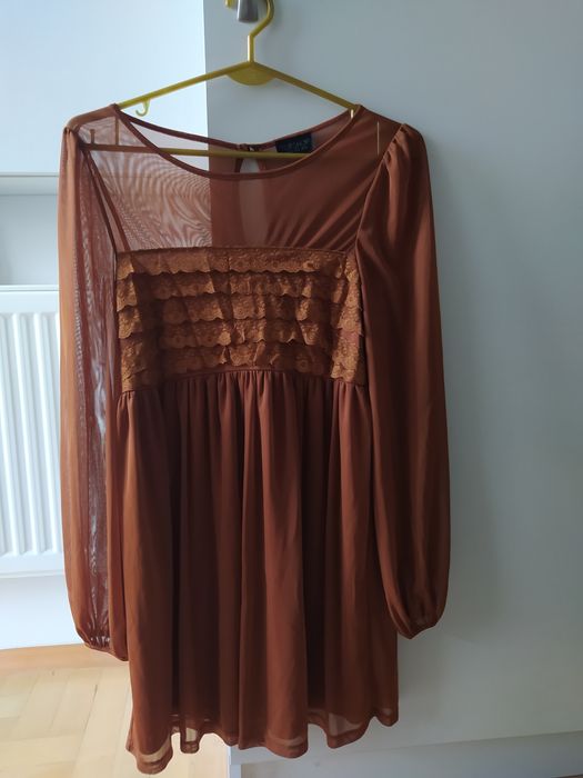 Brązowa SUKIENKA vintage delikatna z koronką retro
