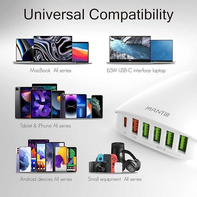MANTO stacja ładująca 65W PD3.0 QC3.0 USB-C + 5×USB-A, 6 portów