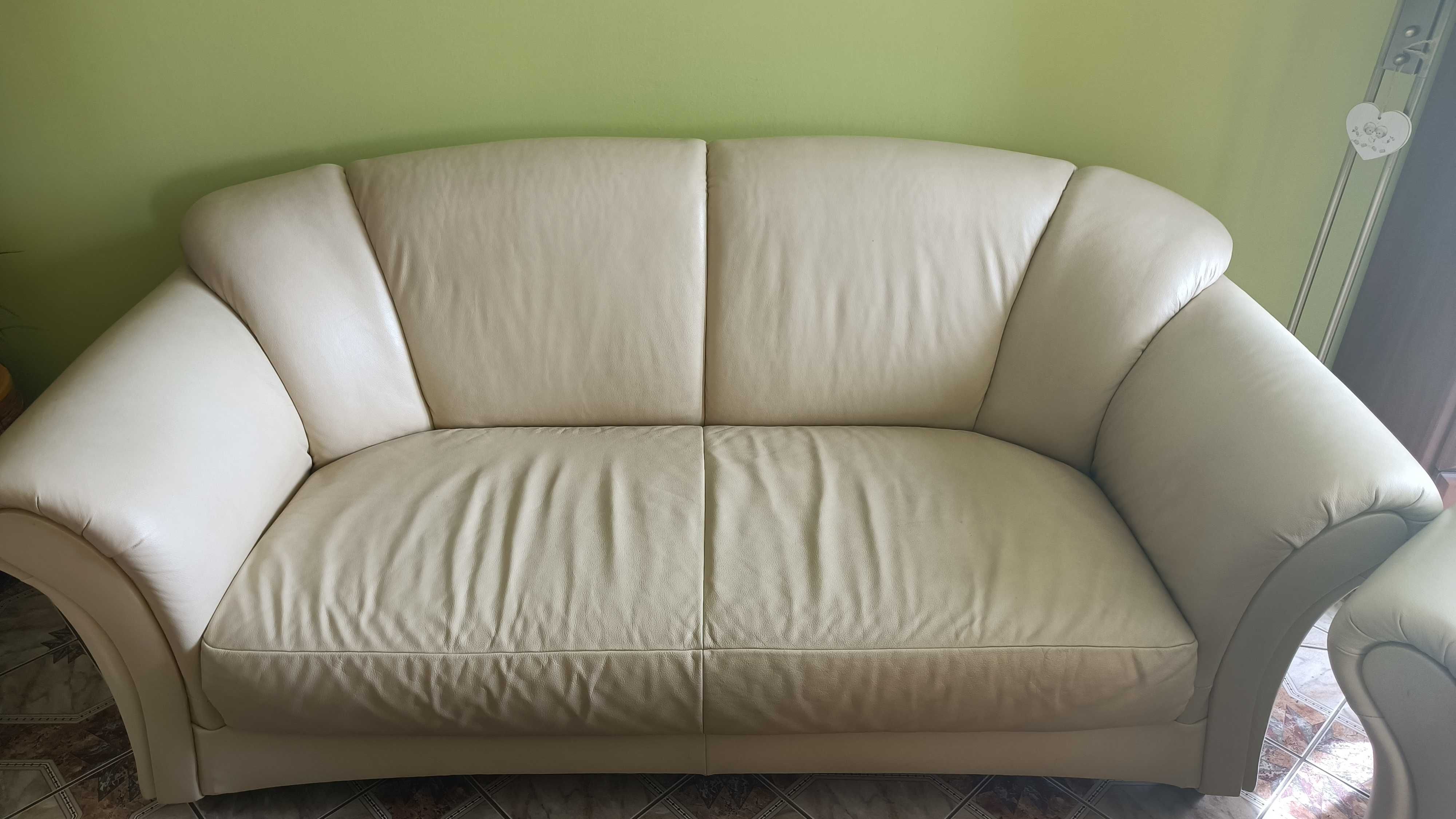komplet wypoczynkowy - kanapa, fotele z naturalnej skóry ecru