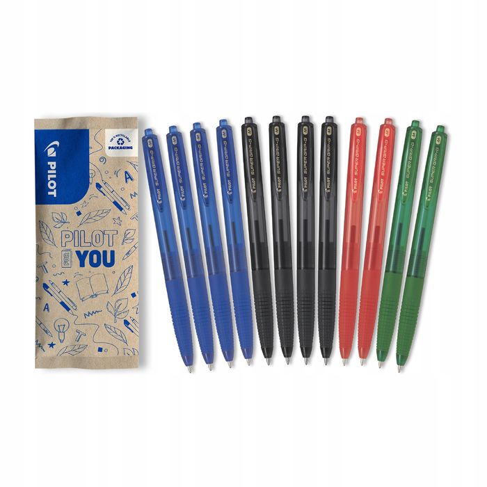 zestaw długopis pilot niebieski czarny zielony czerwony 12 sztuk
