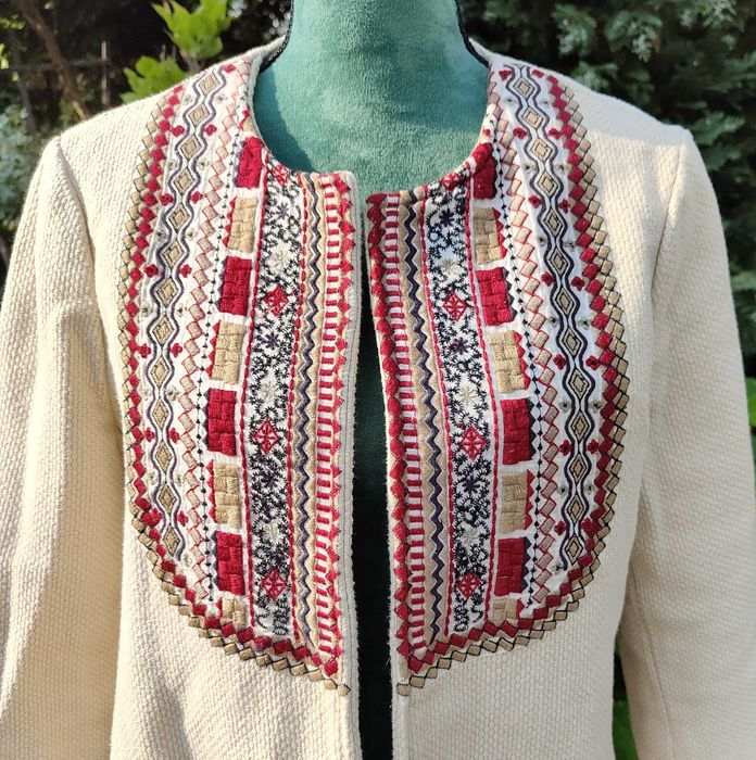 Kurtka marynarka narzutka Mango XL boho bohemian etno beż haft folk