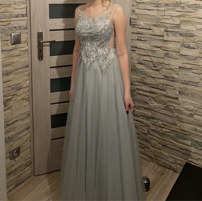 Sukienka tiulowa na studniówkę/bal szaro-błękitna