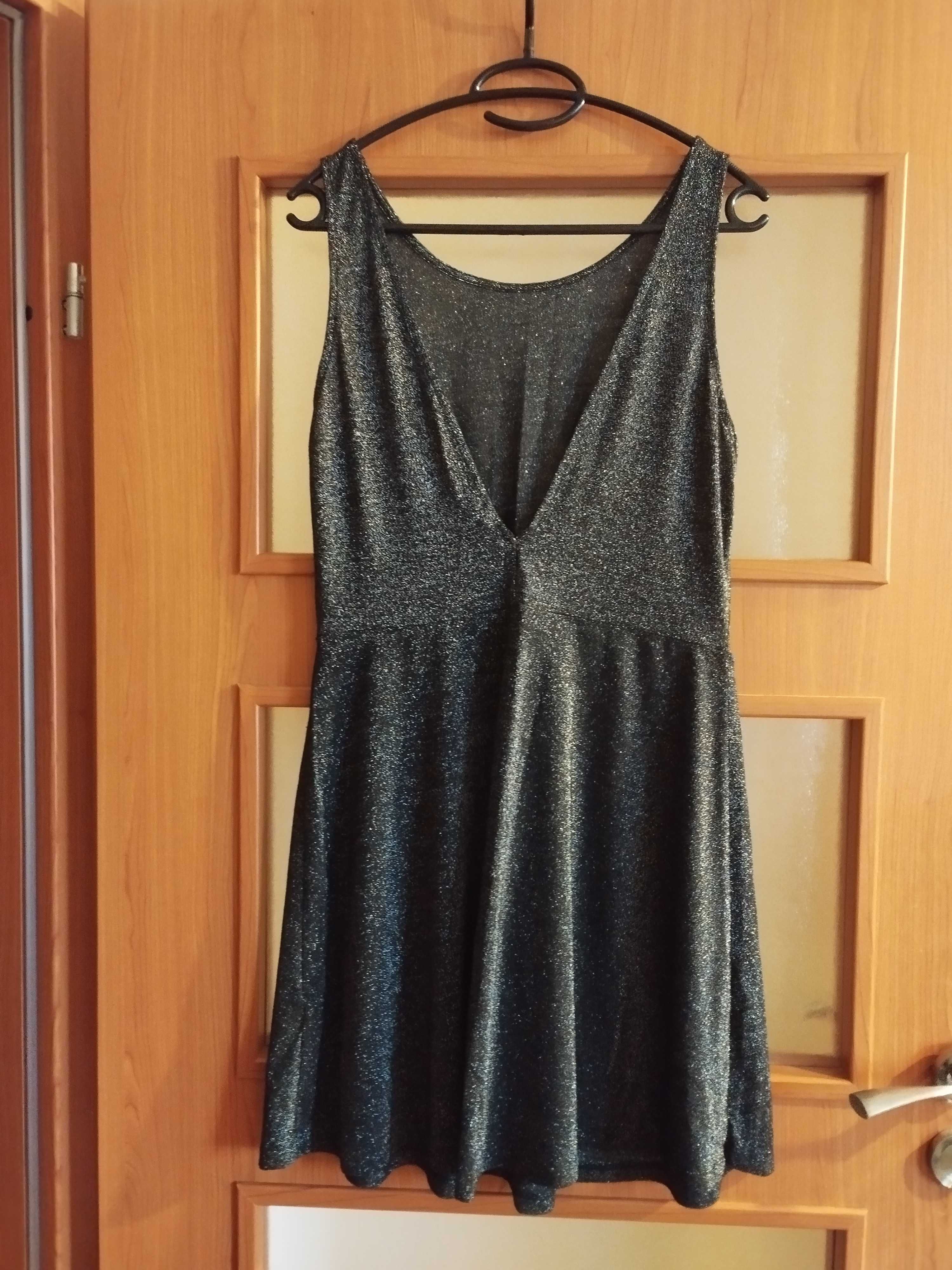 Krótka sukienka z dekoltem na plecach brokatowa srebrna H&M wiskoza