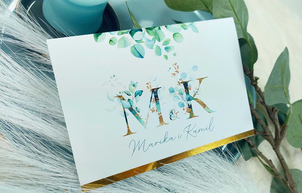 Zaproszenia Ślubne EUKALIPTUS złoty pasek GOLD zaproszenie ślub kopert