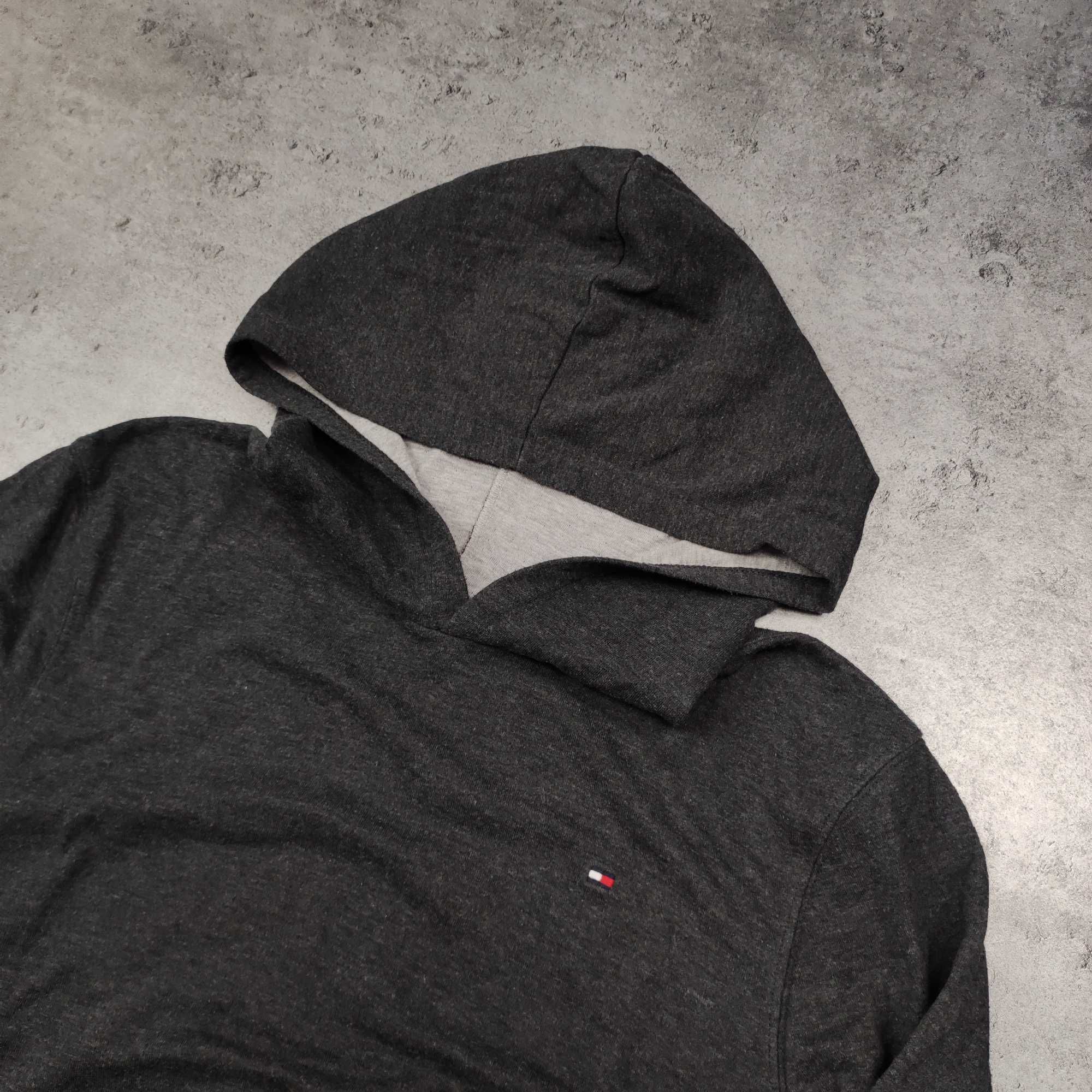 MĘSKA Lekka Bluza z Kapturem Hoodie Ciemno Szara Tommy Hilfiger Haft