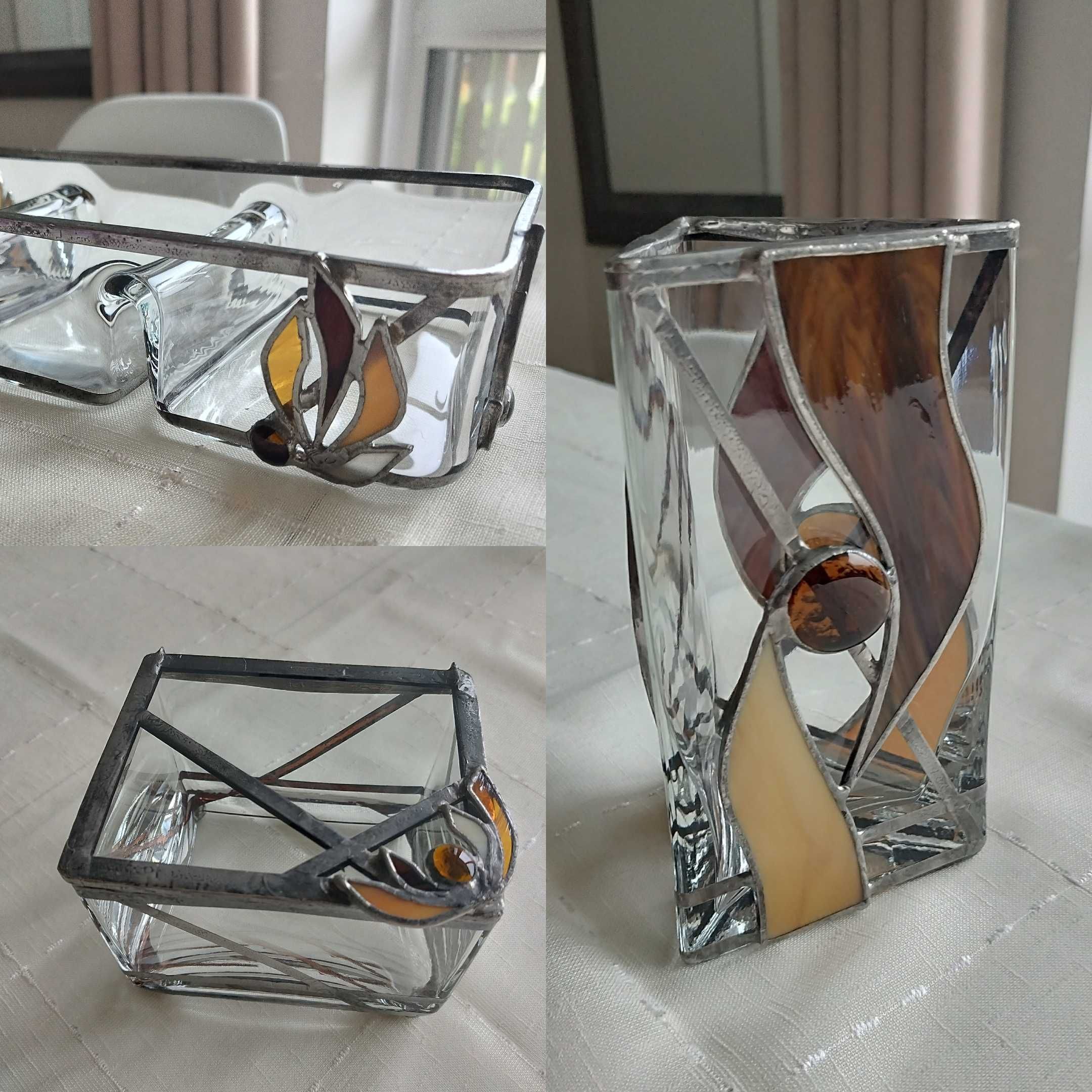 Zestaw szklany wazon i szkatułki pudełko z brązowym i beżowym witrażem