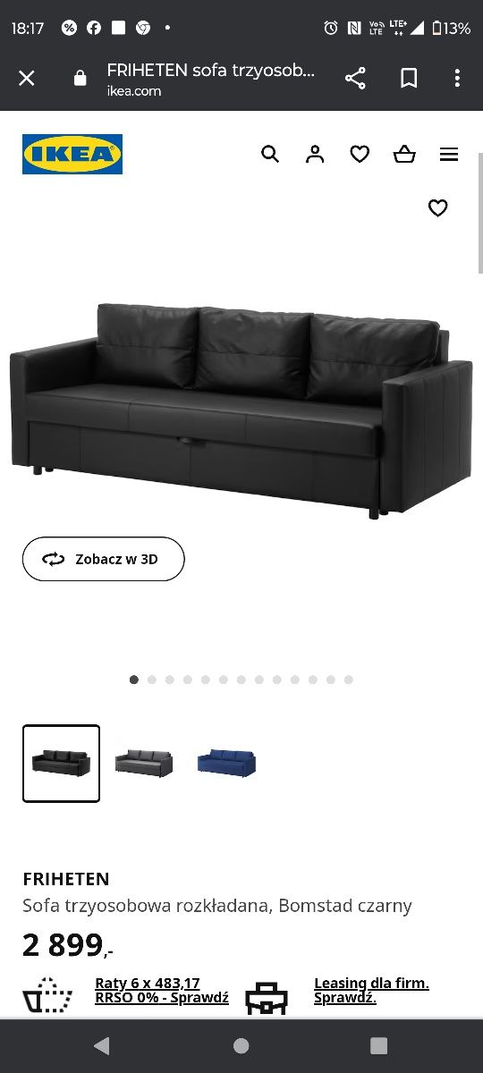 Sofa 3 osobowa JAK NOWA rozkładana; FRIHETEN BOMSTAD czarna firmy IKEA