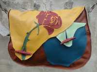 Artystyczna kolorowa torebka skórzana z różą. Handmade