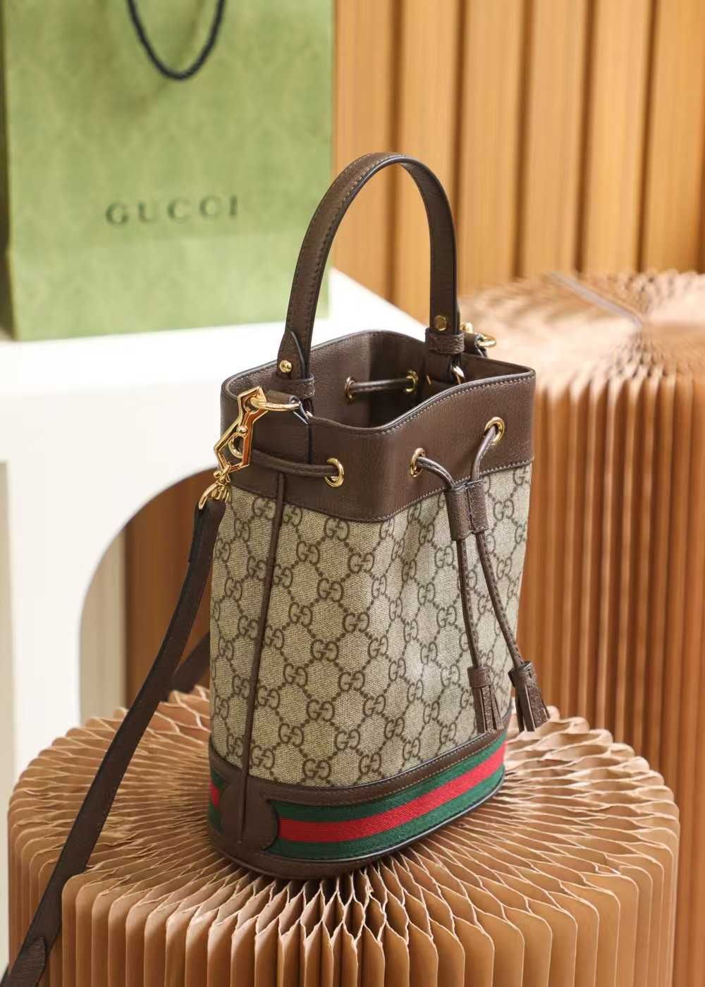 Gucci Ophidia Bucket BagGG Supreme Mini Beige/Ebony