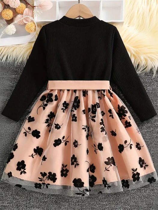 NOWA Piękna Sukienka 122 128 czarna beżowa kwiaty Wizytowa Elegancka