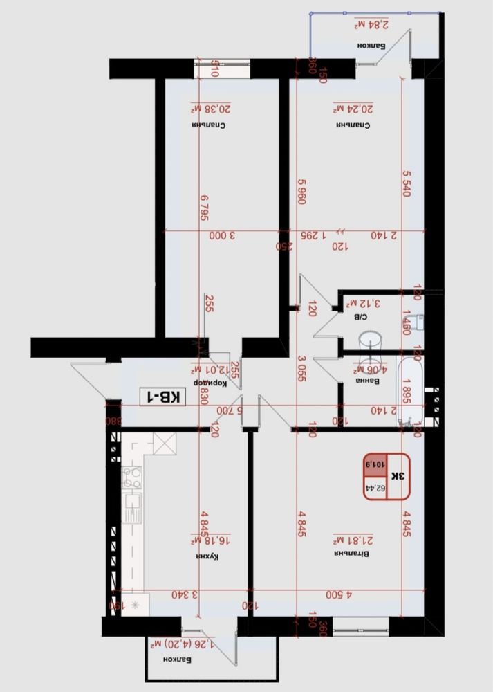 3х кімнатна квартира 105,2 м.кв на 8му поверсі