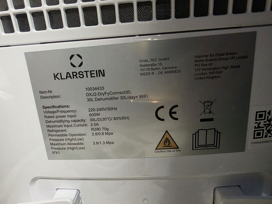 Осушувач повітря klarstein 30l, wi-fi. Німеччина