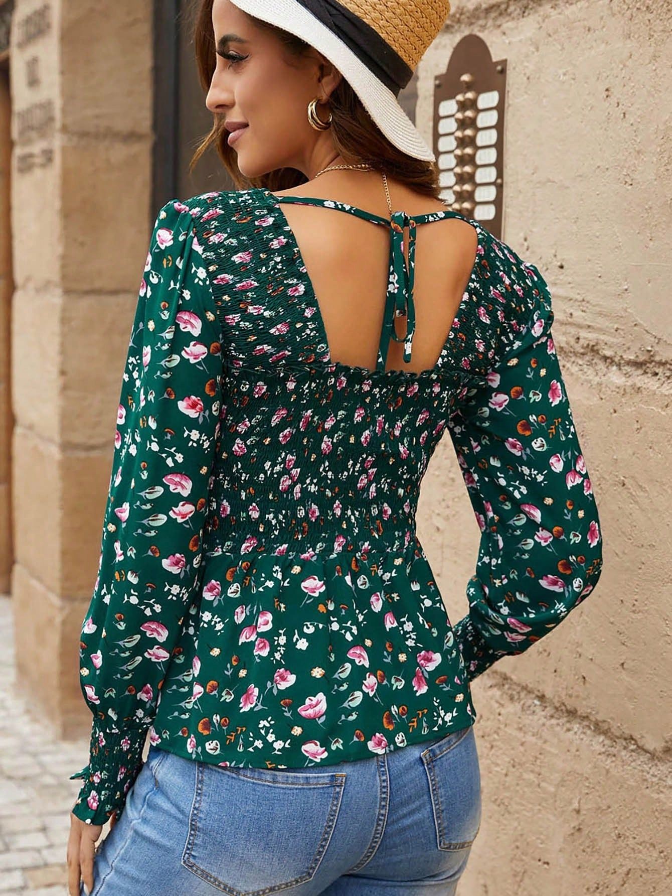 Bluzka W Kwiaty Peplum Boho Z Elastycznym Dekoltem Zielona Casual M