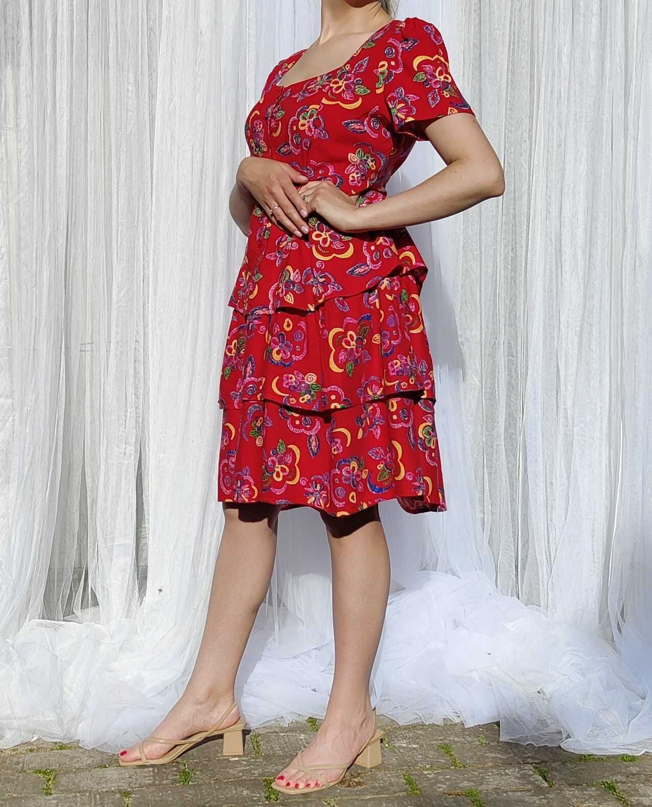 Kolorowa sukienka czerwona vintage retro XL 42 L 40 wiskoza lata 80