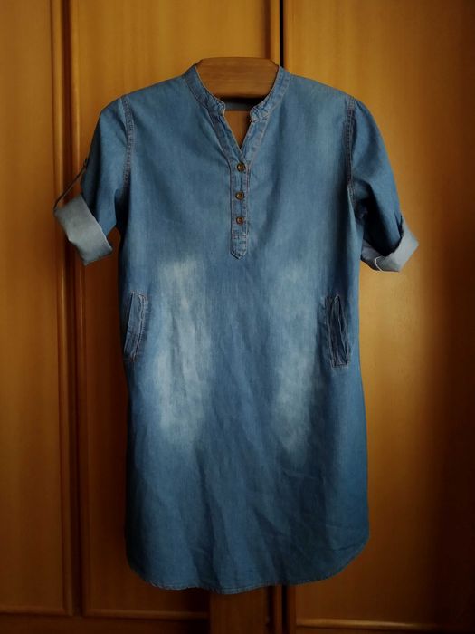 (PORTES GRÁTIS) Vestido de Ganga com Bolsos e Manga com Presilha