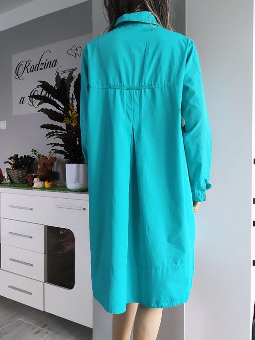 Turkusowa luźna koszula oversize asymetryczna bawełniana rozmiar 38
