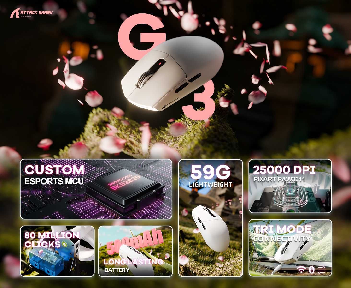 Ігрова мишка Attack Shark G3/G3PRO PAW3311 25000DPI 1000Гц White