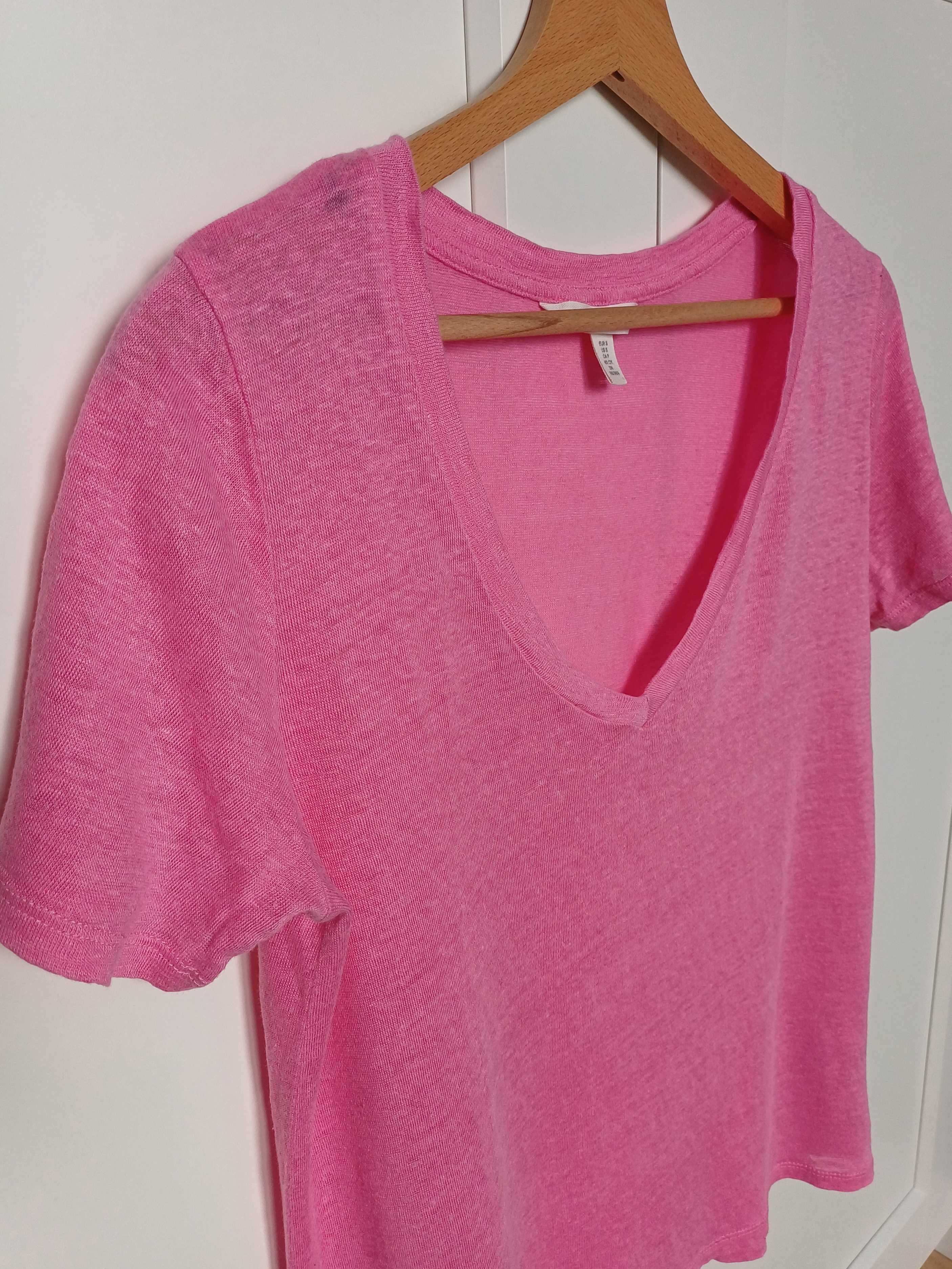 Lniana koszulka/t-shirt H&M rozm. S różowa