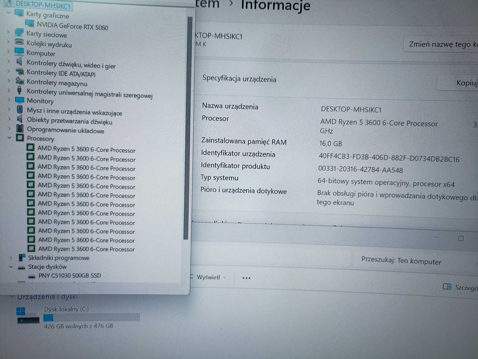 NOWY Komputer Ryzen 5 3600 ,RTX 5060 8gb ,16gb DDR4,Dysk M2 500 WIN11